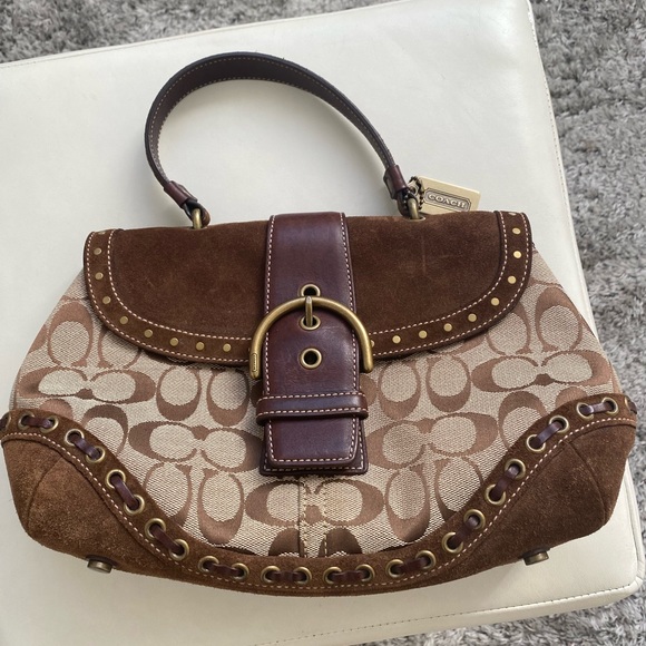 COACH Signature Suede Trim Brown Handle Bag